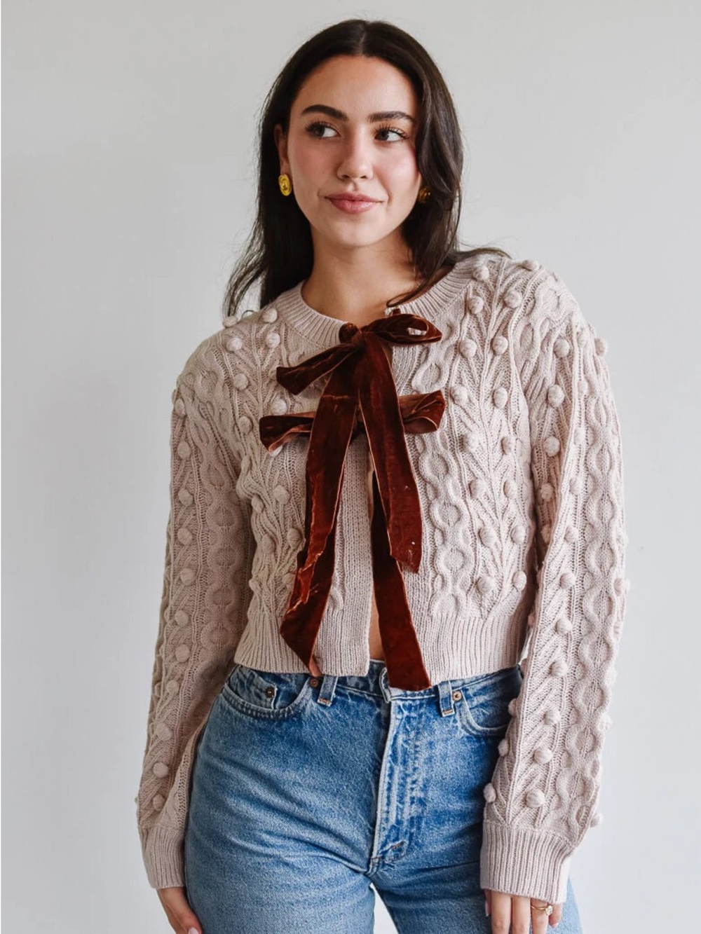 Listicle Velvet Bow Cable-Knit Cropped Cardigan Cream with Brown Bow Size Large